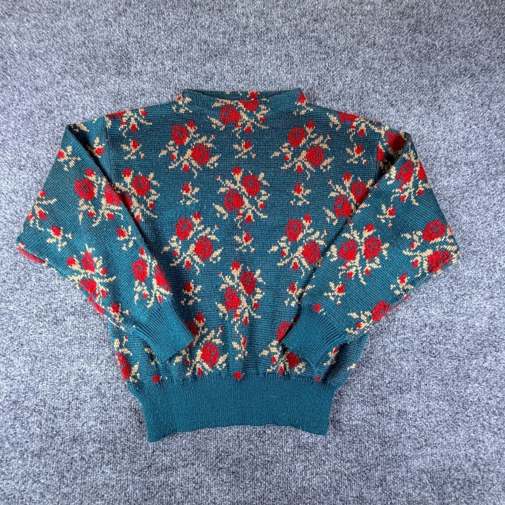 Vintage Crazy Horse Sweater Womens‎ M Teal Red Floral Stitch Knit Acrylic READ